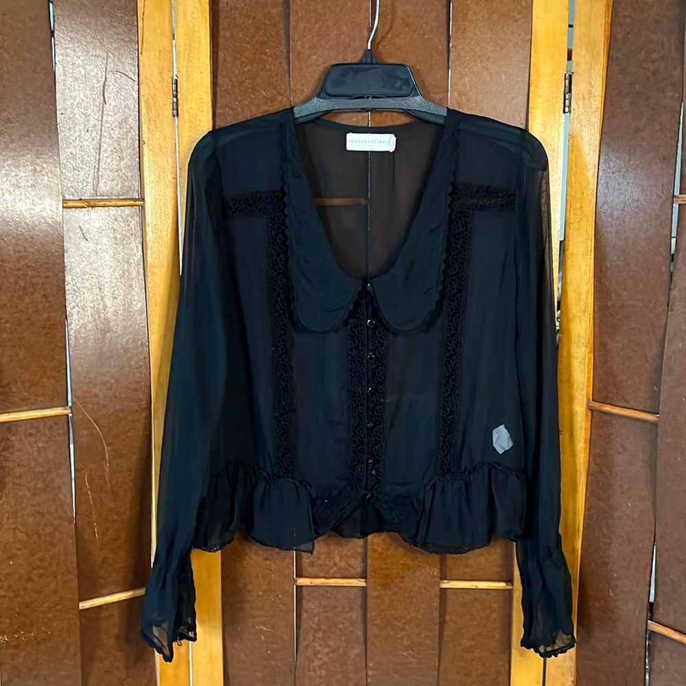 Johnny Was For Love and Liberty line. Black chiffon blouse with lace detailing.